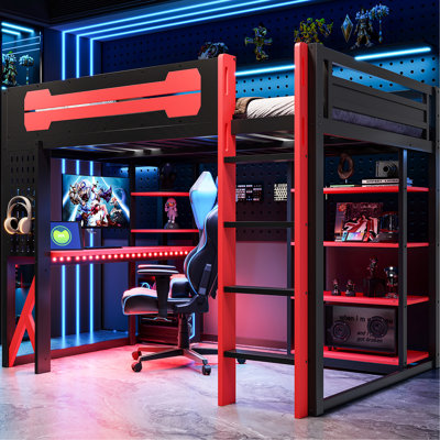 Lit mezzanine pleine grandeur avec bureau, étagères et station de recharge, en noir et rouge, pour une chambre confortable et bien organisée.