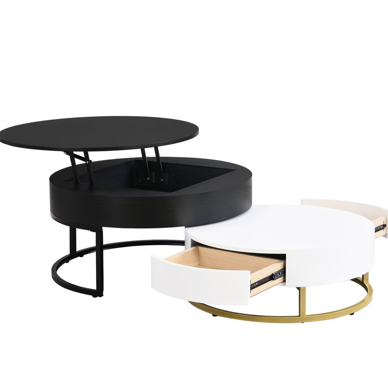 Tables basses modernes avec 2 tiroirs, plateau relevable et gigogne, blanc et noir Intrigue Modernité