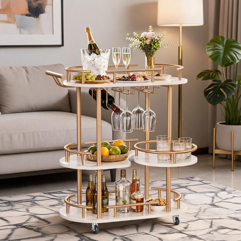 Chariot à boissons roulant à 3 niveaux, avec support à vin pour 4 bouteilles, support pour 6 verres, Doré