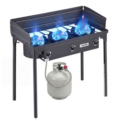 Poêle au gaz propane à 3 brûleurs pour l'extérieur, cuisinière au gaz propane au propane 225 000 BTU, cuiseur pour l'extérieur en acier au carbone robuste avec bouclier, support et régulateur pour barbecue