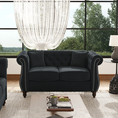 Canapé Chesterfield en velours avec dossier capitonné, accoudoirs roulés et garniture cloutée, canapé rembourré pour le salon