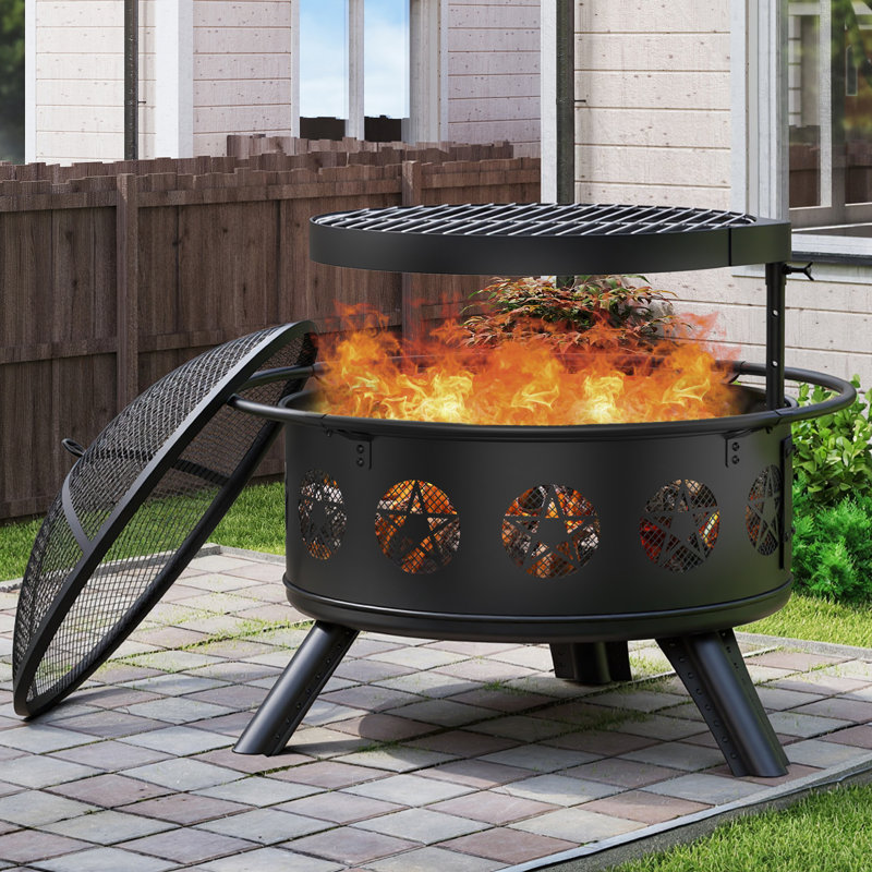 43" Fire Pit With Grill, Wood Burning Fire Pits For Outside With Lid& Fire Poker, Round Metal Fire Pit Table 3 In 1 With Cooking Grate,outdoor Fire Pit For Yard Patio Bonfire Camping