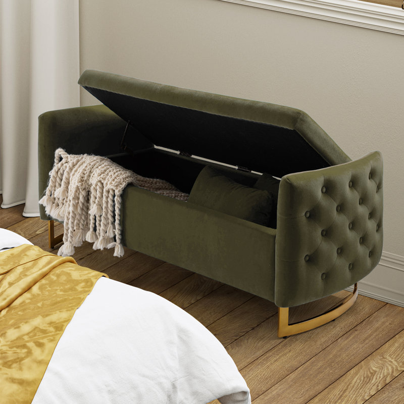 Aristides 58.5" W Upholstered Flip-Top Storage Bench with Two Pillows, Moss