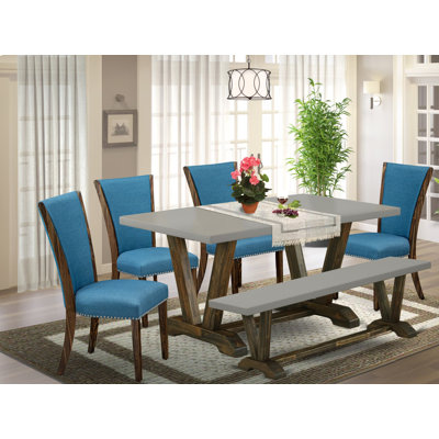 Ensemble de salle à manger moderne de 6 pièces comprenant une table rectangulaire en bois et 4 chaises rembourrées en lin bleu avec banc.