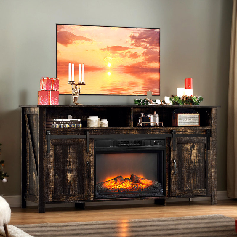 Farmhouse 59'' TV Stand For Tvs Up To 70'' With Electric Fireplace And 2-Door, Black