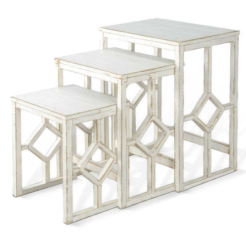 Ensemble de 3 tables gigognes à rennes | Cadre géométrique | Bois d'acajou massif, Blanc
