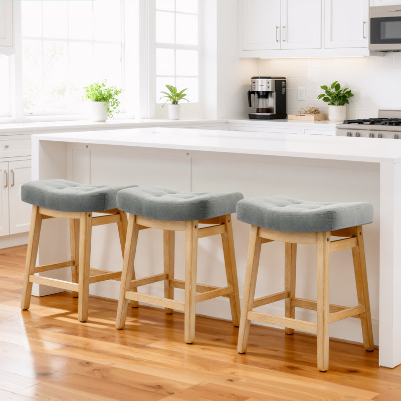 24inch Wooden Backless Saddle Counter Height Barstools Wide Seat Comfortable For Kitchen Island, Linen Gray Seat/Wood Frame