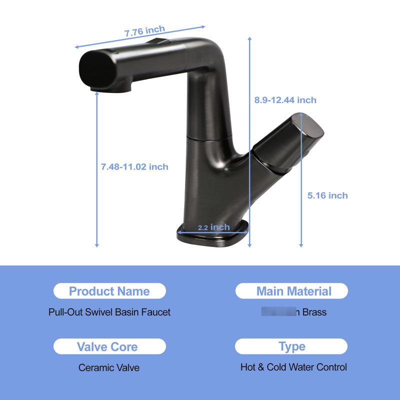 Robinet de lavabo rétractable noir Gunmetal pour salle de bain, trois modes d'eau, tuyaux de 90 cm, interrupteur à deux modes, bec pivotant à 360 °, niveaux de température réglables, valve en céramique, ensemble d'installation avec