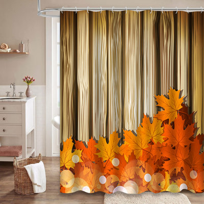 Leaves Wooden Wall Fall Nature Brown Grunge Maple Sky Tree Autumn Shower Curtain with 12 Hooks