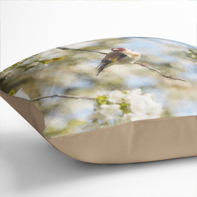 Goldfinch Bird In A Cherry Tree Painting Square Throw Cushion, 55cm H x 55cm W x 20cm D, Stone