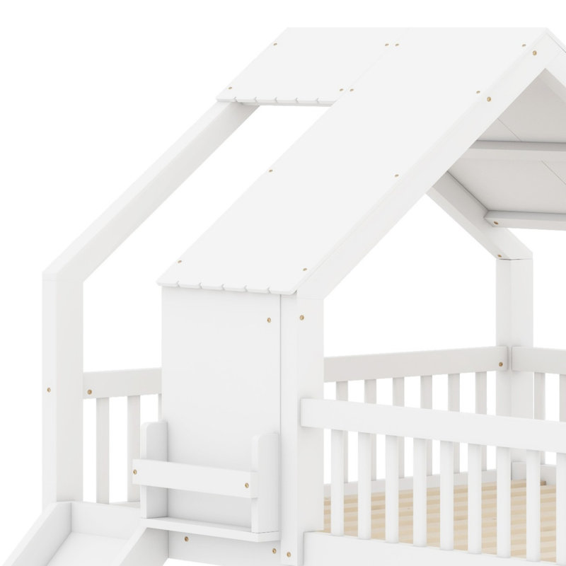 Structure de lit superposé en bois de style maison avec échelle intégrée et glissade, Blanc