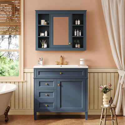 Meuble-lavabo 36 po avec armoire à pharmacie, armoire de rangement moderne avec 2 portes à fermeture douce et 4 tiroirs, meuble-lavabo simple