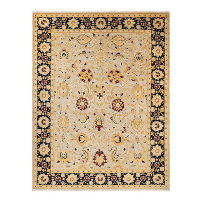 Tapis unique en laine noué à la main 9 pi x 11 pi 10 po nouvel âge Keenan - ivoire / brun / gris anthracite