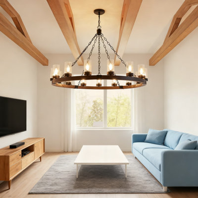 Luminaire suspendu rond en forme de roue de chariot à 15 lumières de style rustique industriel avec abat-jour en verre bullé transparent pour salle à manger et îlot de cuisine