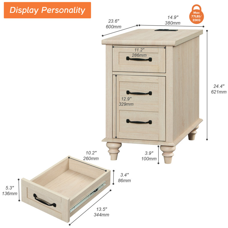 Table de bout Scarlett avec rangement et prises intégrées, Beige
