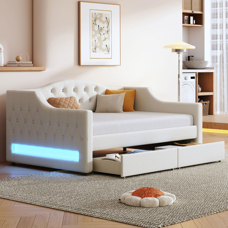 Upholstered Twin XL Size Daybed With LED Belt And 2 Drawers, Beige, Beige