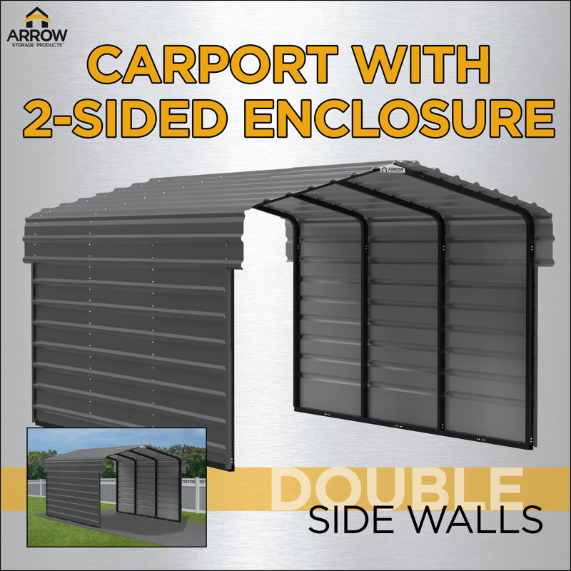 Charcoal Galvanized Steel Carport Kit with 2-Sided Enclosure, 20' x 24' x 9'