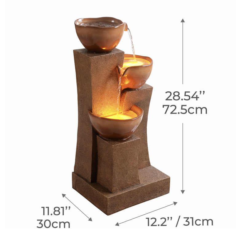 Jeany 28.54" Outdoor Water Fountain with LED Lights, Brown