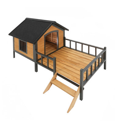 Niche pour chien d'extérieur en bois avec cadre en fer tout autour - Grand chenil de style chalet avec porche pour très grands chiens, abri pour animaux résistant aux intempéries avec structure en métal renforcé