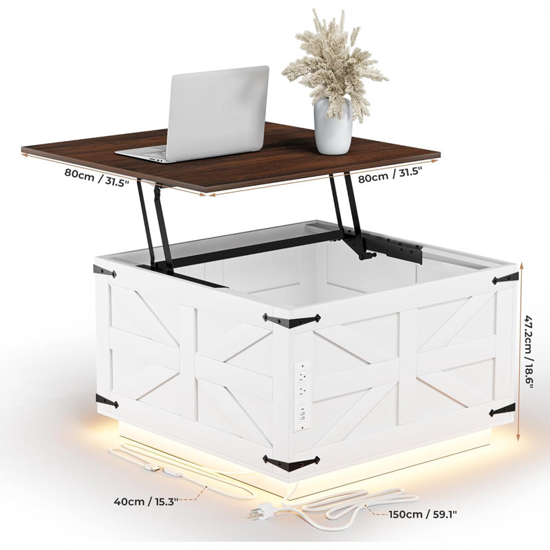 White and Dark Brown Square MDF Lift-Top Coffee Table with LED Lights