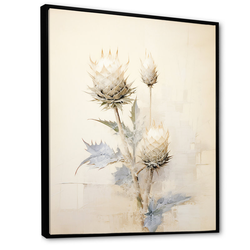 Fleur de chardon beige discret II - Thistle Wall Art Living Room, H 32 po x l 16 po, Cadre flottant noir