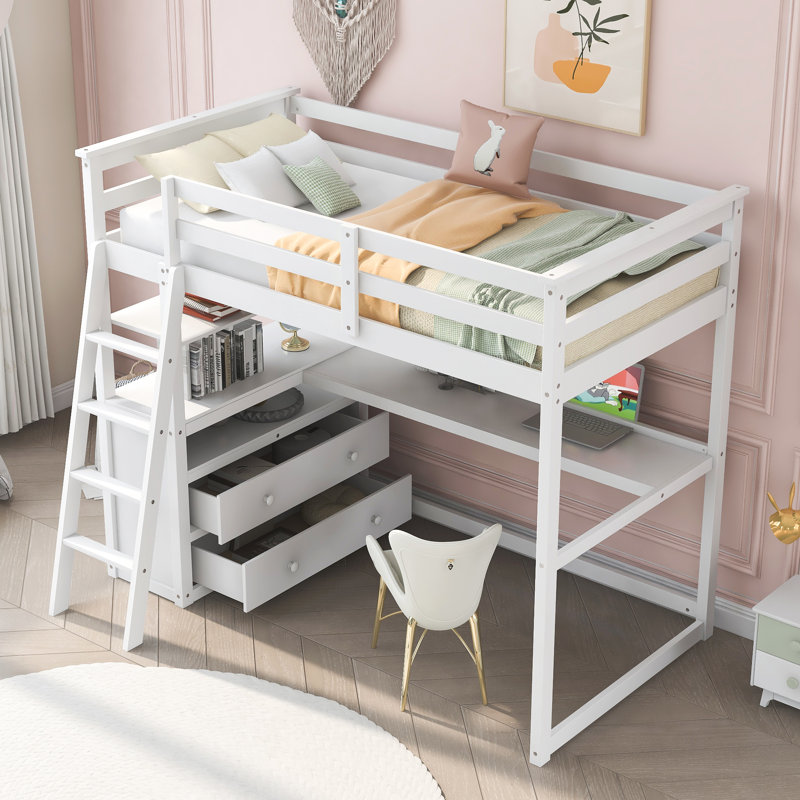 Lit mezzanine 2 tiroirs avec bureau intégré et tablettes Evo, Simple, Blanc