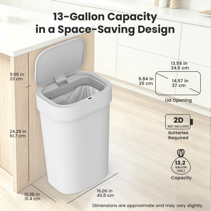 Poubelle de cuisine 13,2 gallons rectangulaire en plastique sans contact avec capteur de mouvement, blanc - Basics by Wayfair ™