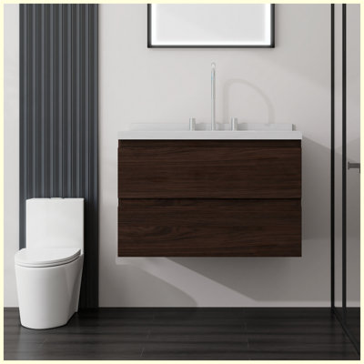 Meuble-lavabo flottant de 30 po avec lavabo, porte à fermeture douce, comptoir et dosseret en marbre de culture blanc de 2 po Carrara, contreplaqué, brun