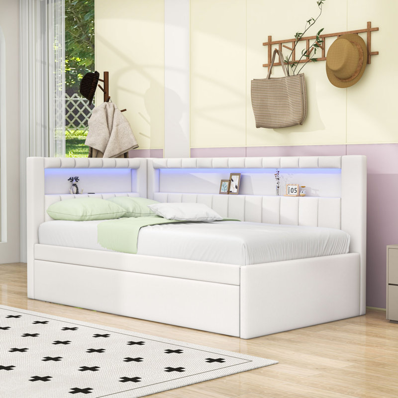 Twin Upholstered Daybed with Trundle and USB and LED Belt, White