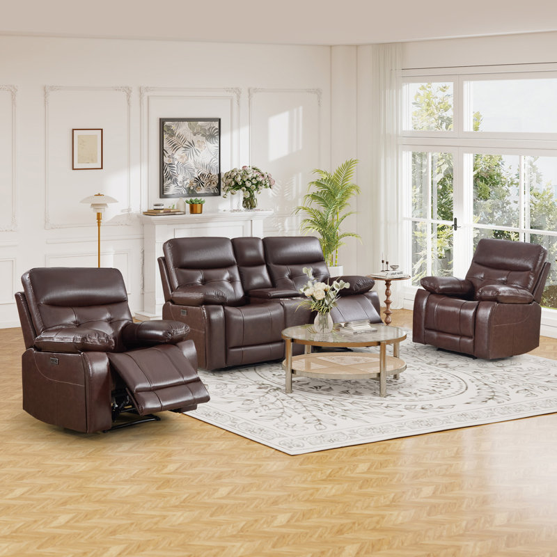 Ensemble de salon inclinable électrique 3 pièces: 2 chaises simples en cuir fleur + causeuse avec port USB, porte-gobelets et console de rangement