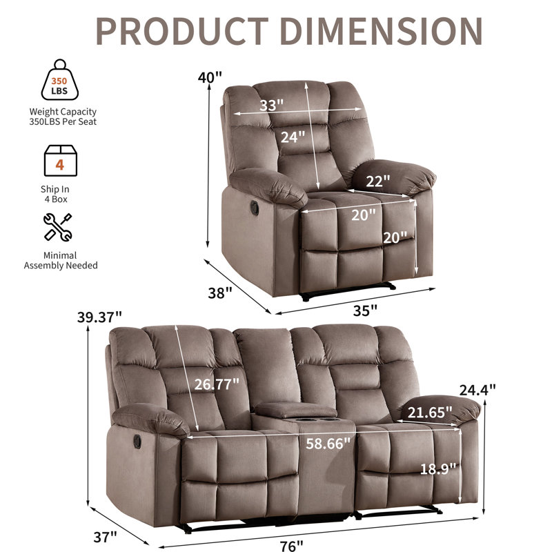 Ensemble de salon inclinable manuel 3 pièces avec 2 fauteuils inclinables et causeuse avec console et porte-gobelets