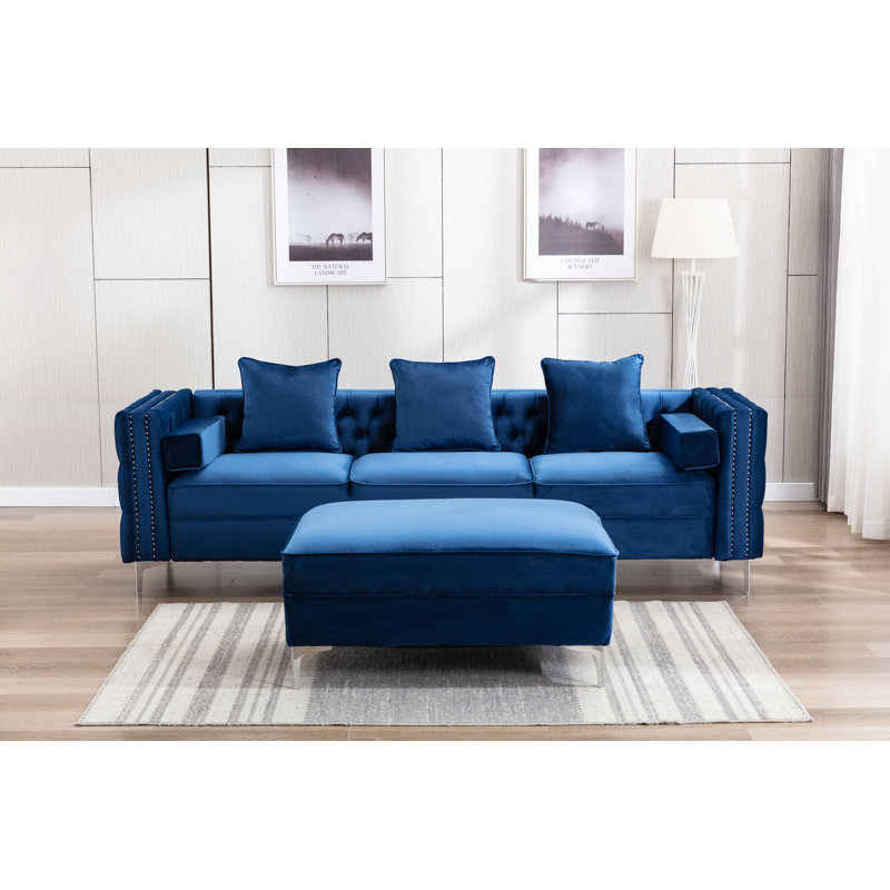 Canapé modulaire réversible en velours avec repose-pieds Zaida, Velours bleu