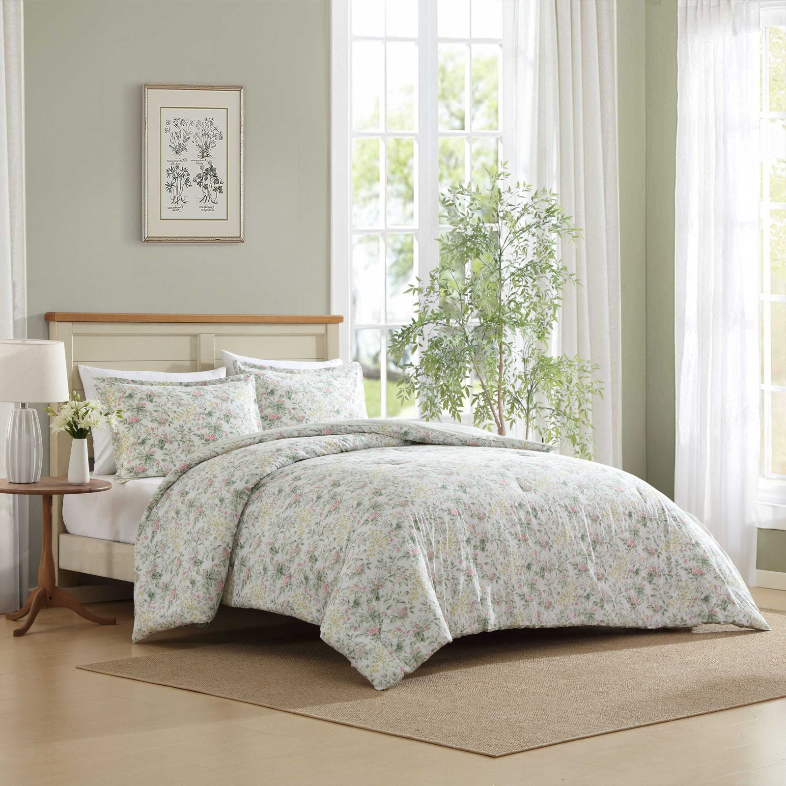 Laura Ashley Bramble Floral Cotton Reversible Comforter Set, King Comforter + 2 King Shams, Pink