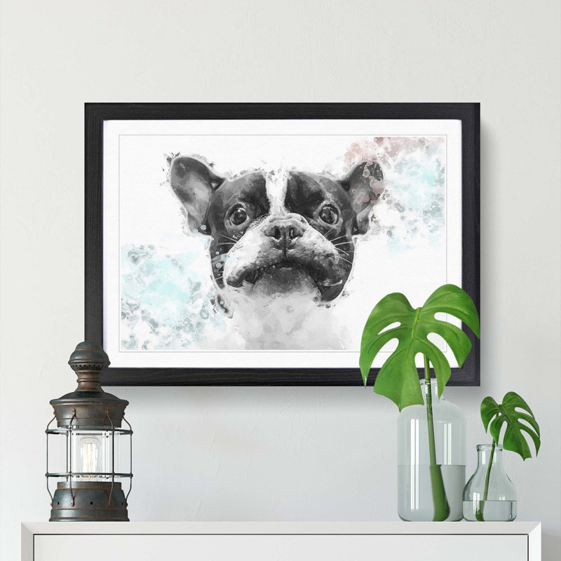 French Bulldog Dog in Abstract - Picture Frame Painting Print on MDF, Black Framed, 62cm H x 87cm W 