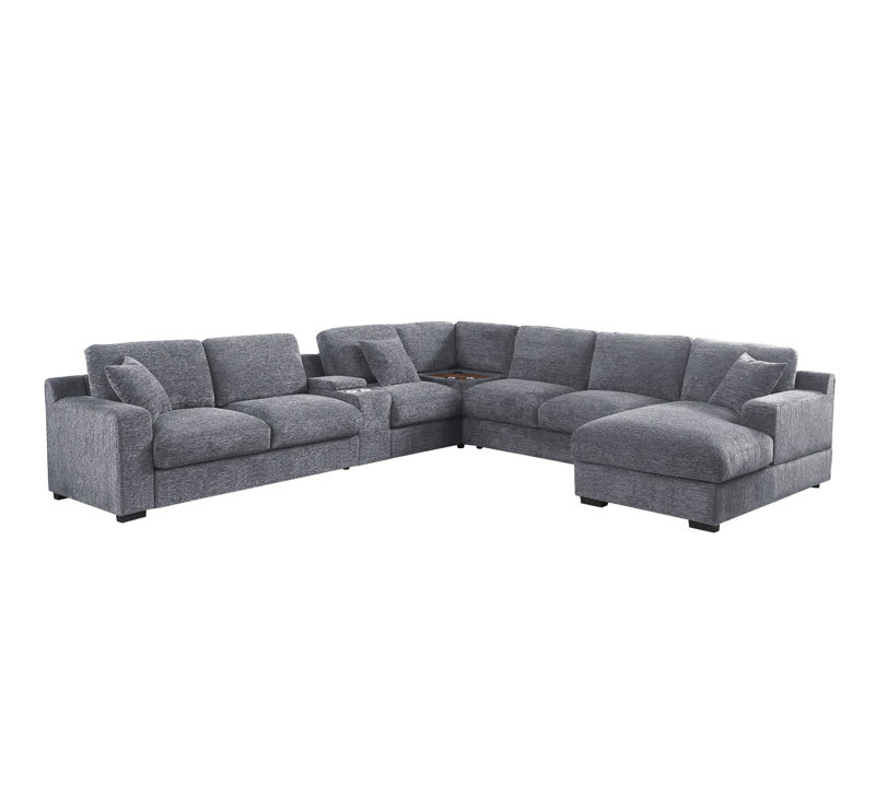 Canapé modulaire en tissu en chenille de 141,5 po de largeur avec méridienne, porte-gobelets et ports de recharge