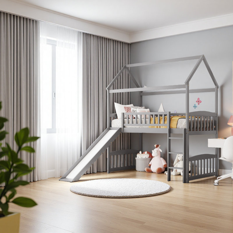 Twin Loft Bed With Slide, House Bed With Slide, Gray