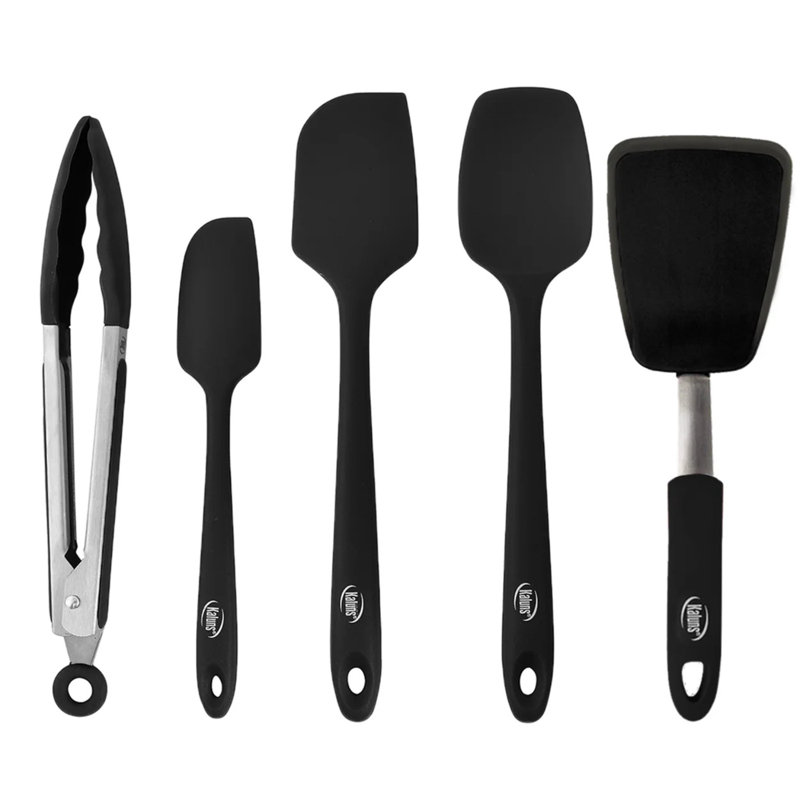 Ensemble d'ustensiles de cuisine en silicone 5 pièces Kaluns avec noyau en acier inoxydable - 3 spatules, 1 tournevis et pince de 9 po, résistant à la chaleur 600 ° F, antiadhésif et compatible avec les ustensiles de cuisine