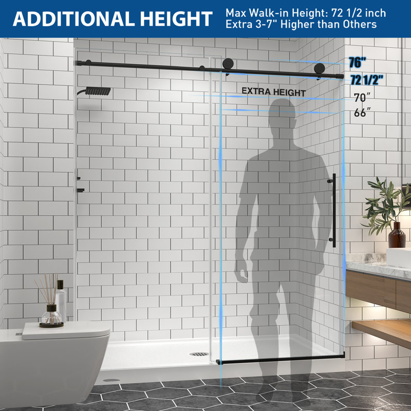55"-60'' W x 76'' H Frameless Sliding Shower Door in Matte Black Finish with 5/16" (8mm) Clear Tempered Glass, Soft-Close, Easy-Clean Coating, Explosion-Proof Film