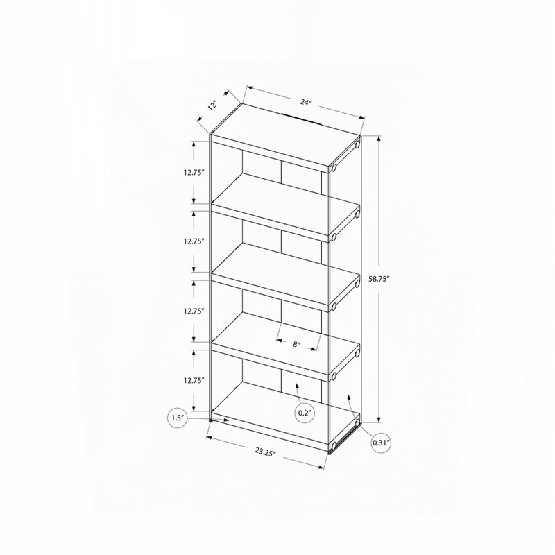 Bibliothèque, bibliothèque, étagère, 5 niveaux, h 60 po, bureau, chambre à coucher, stratifié blanc brillant, verre trempé transparent, contemporain, moderne