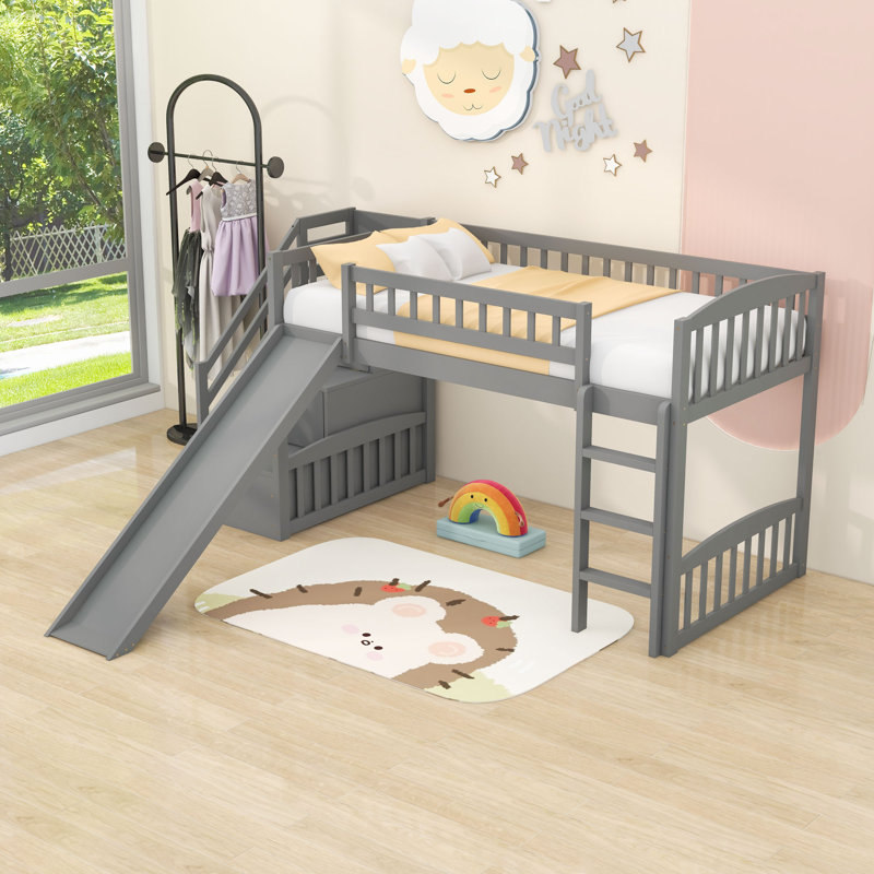 Wood Twin Loft Bed with Storage Stairs and Slide, Gray