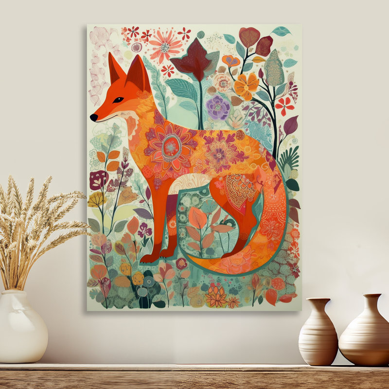 Boho renard dans une forêt de fleurs, Sans cadre, métal, H 20 po x l 12 po