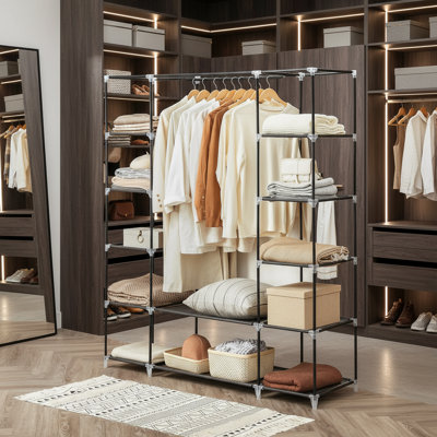 Black Portable Wardrobe For Bedroom, With Hanging Rods Covered With Non-Woven Fabric, Clothing Organizer, 12 Compartments.