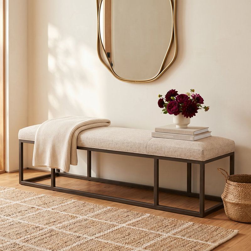 Roux Genuine Leather Upholstered Bench, Plushtone Linen