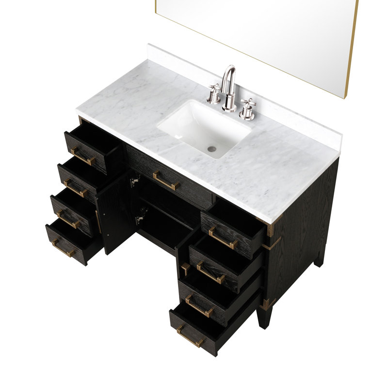 Laurel 48 in W x 22 in D Single Bath Vanity Mirror and Faucet Set, White Carrara Marble, Black Oak