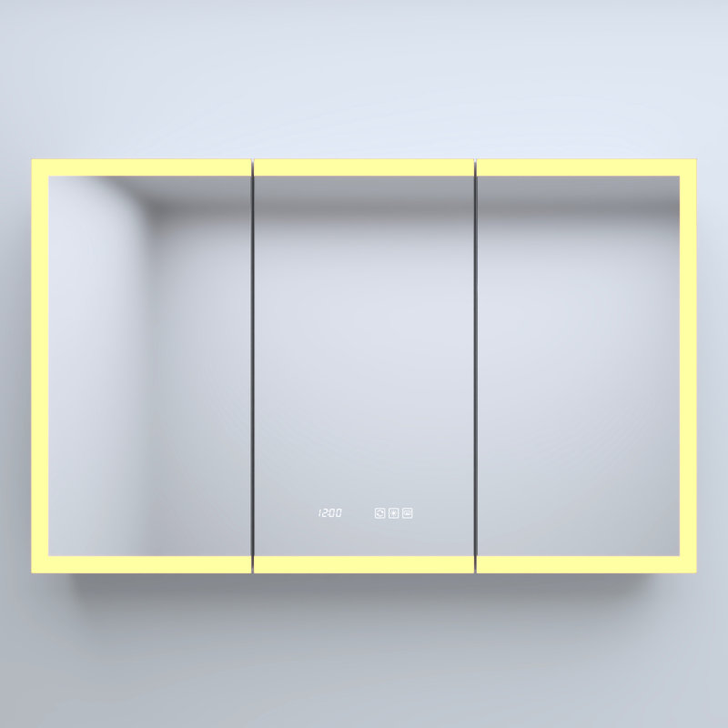48 po X P 30 H Armoire à pharmacie encastrée en aluminium argenté avec miroir haute définition, DEL intégrée, panneau arrière robuste, 110 charnières à fermeture en douceur, trois lumières colorées et fonction de brouillard
