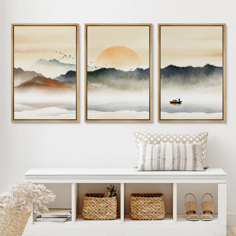 «Abstract Landscape Rising Sun Misty Ocean Mountain», peinture sur toile 3 pièces, H 36 po x l 72 po, Cadre naturel flottant