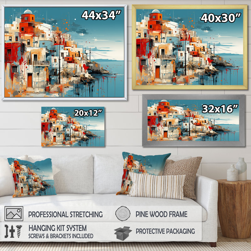 Paysage coloré de la Grèce de Santorin I - Santorini, art mural, Cadre d'angle fermé noir, H 12 po x l 20 po x P 1 po