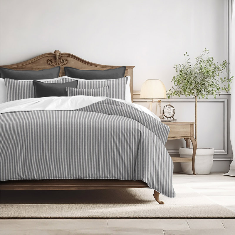 Walker Ticking Stripe Indigo/White Cotton Coverlet Set, Super Queen Coverlet / Bedspread + 2 Queen Shams, Iron/Ivory