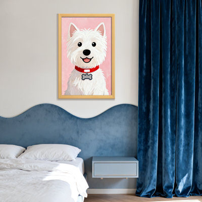Animaux - chien blanc mignon avec collier rouge et étiquette en os