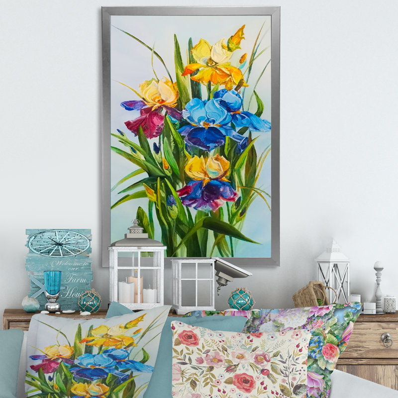 Bouquet d'iris bleus et mauves - peinture, H 20 po x l 12 po x P 1 po, Cadre photo argenté